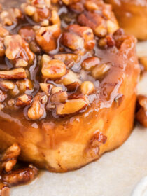 A close-up of a piece of overnight caramel baked French toast.