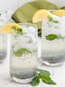 lemon basil seed drink in clear glasses