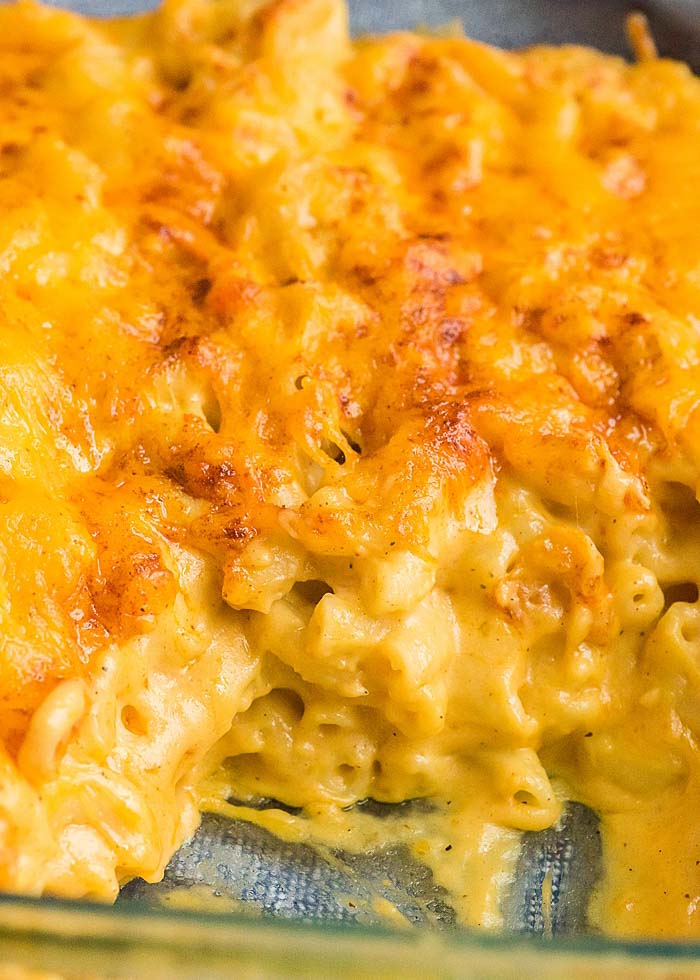 Close-up of the best baked mac and cheese recipe ever