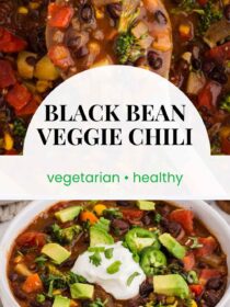 Two images of Black Bean Veggie Chili. The text reads, "Black Bean Veggie Chili, vegetarian, healthy"