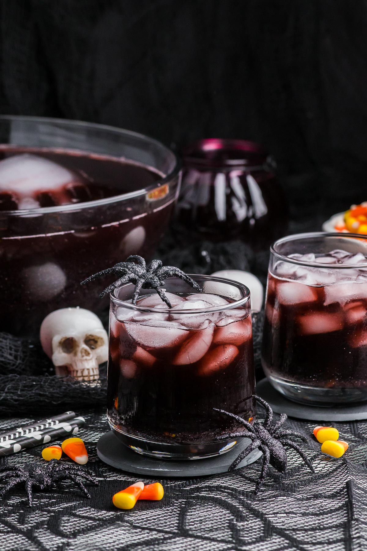 Spider on a glass of Black Magic Halloween Punch