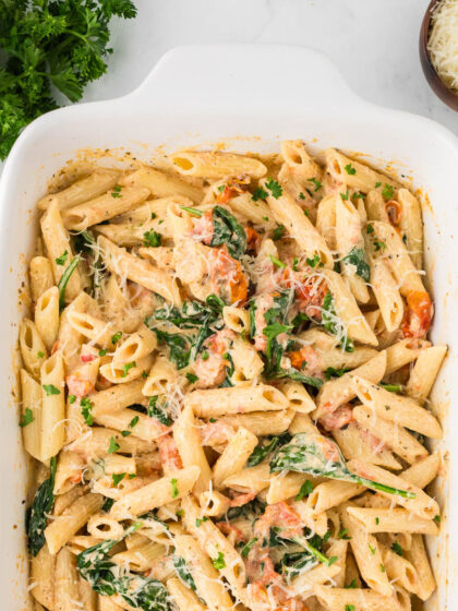 A white baking dish full of Boursin pasta.