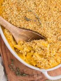 butternut squash and pasta baked in an oval casserole dish