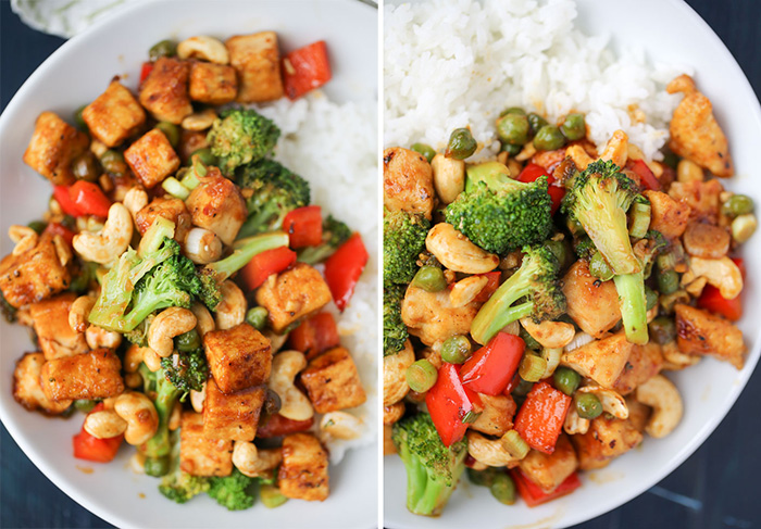 One Dish Two Ways: Cashew Veggie Stir Fry with tofu or chicken. Crisp veggies, crunchy cashews, and tofu for the vegans and chicken for the meat-eaters - all in a savory-sweet, slightly spicy sauce. This recipe cooks up in two pans at the same time, so the process can be a bit hectic. But it's well worth the effort!