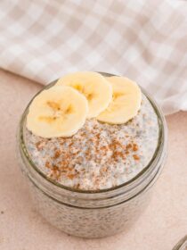 close up of chai latte basil seed pudding in mason jar