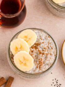 top view of chai latte basil seed pudding in mason jar