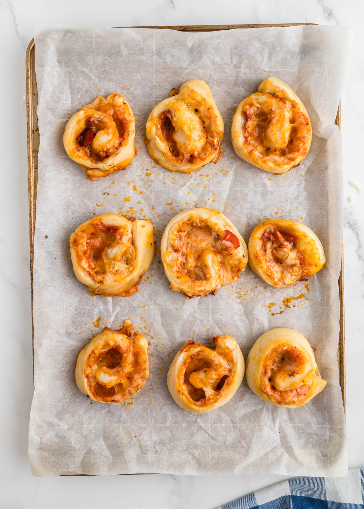 Pizza pinwheels fresh out of the oven.