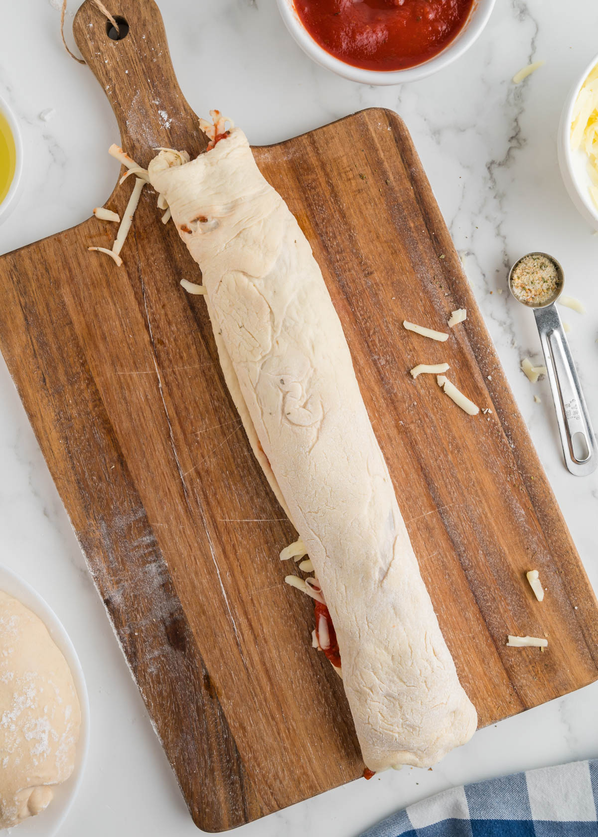Rolled up pizza dough for pizza pinwheels