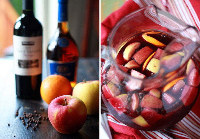 Two images showing the ingredients for red wine sangria and a pitcher full of red wine sangria. 