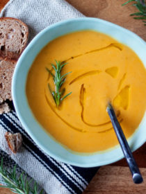 Creamy Sweet Potato Rosemary Soup recipe - Fresh rosemary and creamy sweet potatoes unite happily in this super-simple (yet super-scrumptious) soup. (Vegetarian with vegan option)