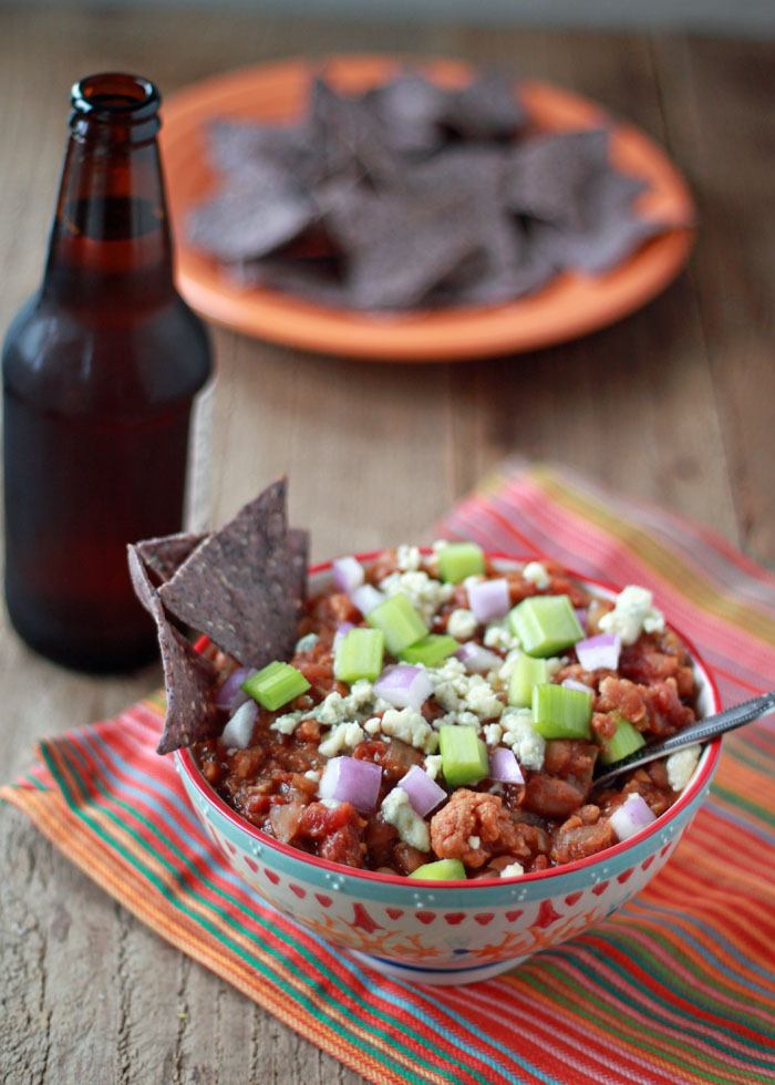 Crock Pot Vegetarian Buffalo Chili - Veggie chili, red-hot buffalo style! This easy meatless slow-cooker chili recipe hits the spot whether it's game day or any day.