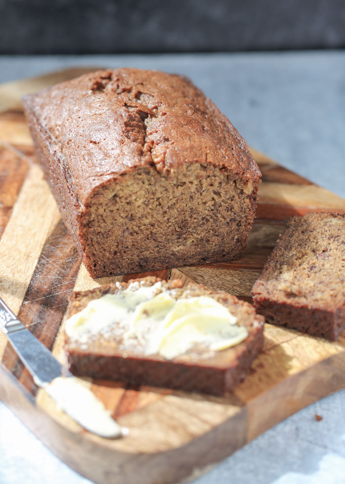 Dairy-free banana bread loaf, sliced