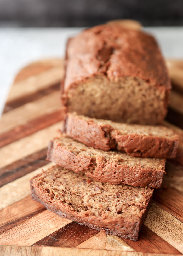 Loaf of dairy-free banana bread, sliced