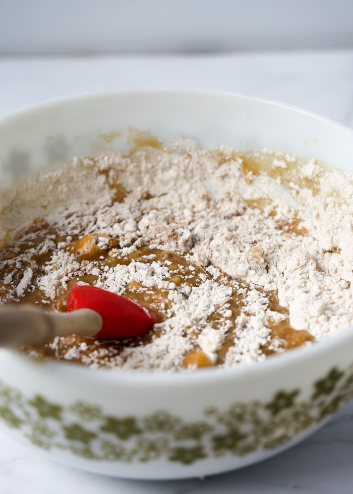 Mixing up dairy-free banana bread in one bowl