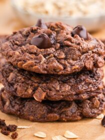 Triple stack of double chocolate chip oatmeal cookies