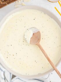 homemade alfredo sauce in a skillet