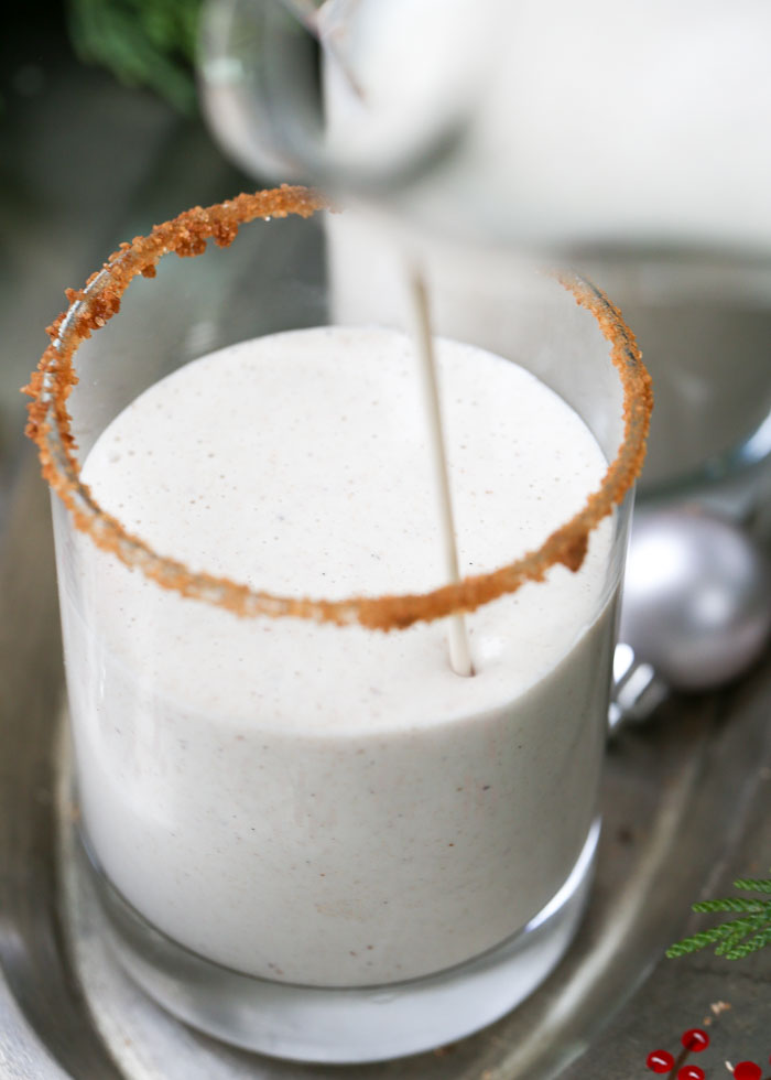 Easy 6-Ingredient Vegan Eggnog- Decadent and velvety, this egg-free, dairy-free nog is sure to be the hit of the party. The season. The year! Cashews, coconut milk, dates, vanilla, nutmeg, and a pinch of sea salt make up this glorious situation. Rum optional!