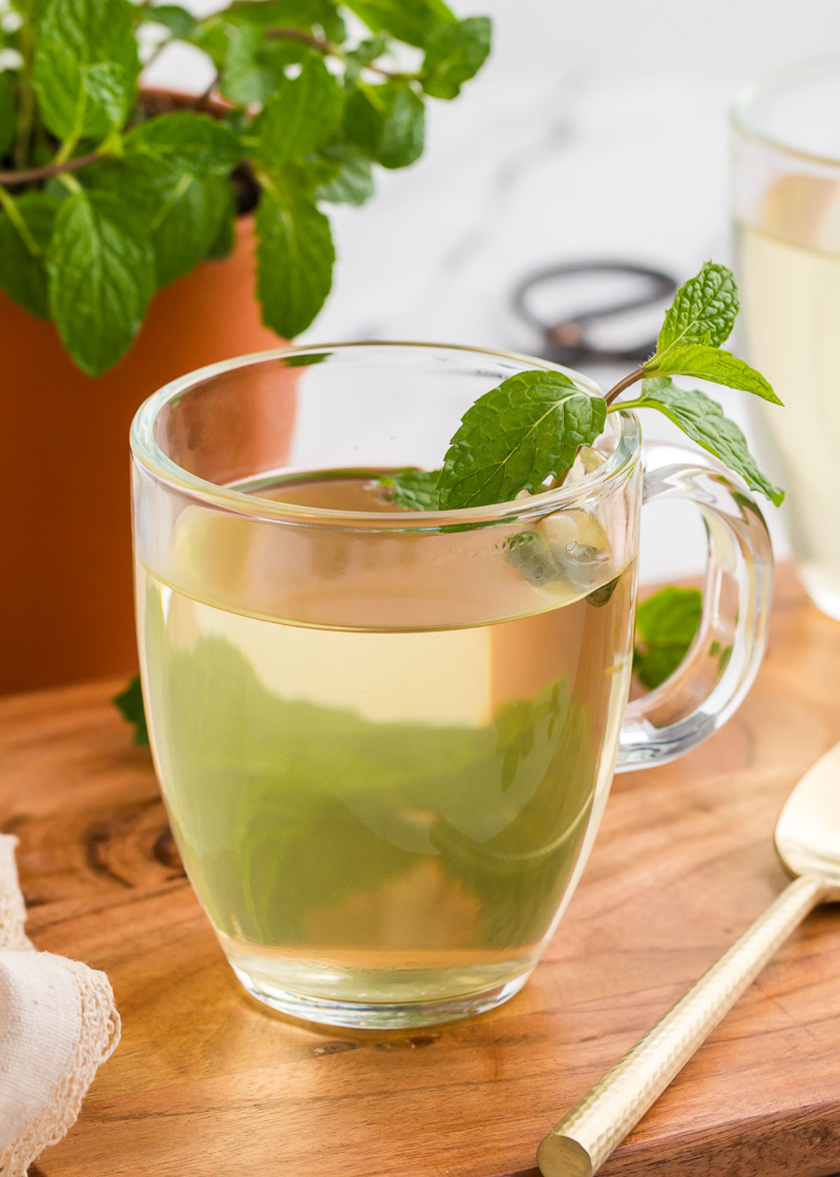 A mug of fresh mint tea on a wooden background with a gold spoon