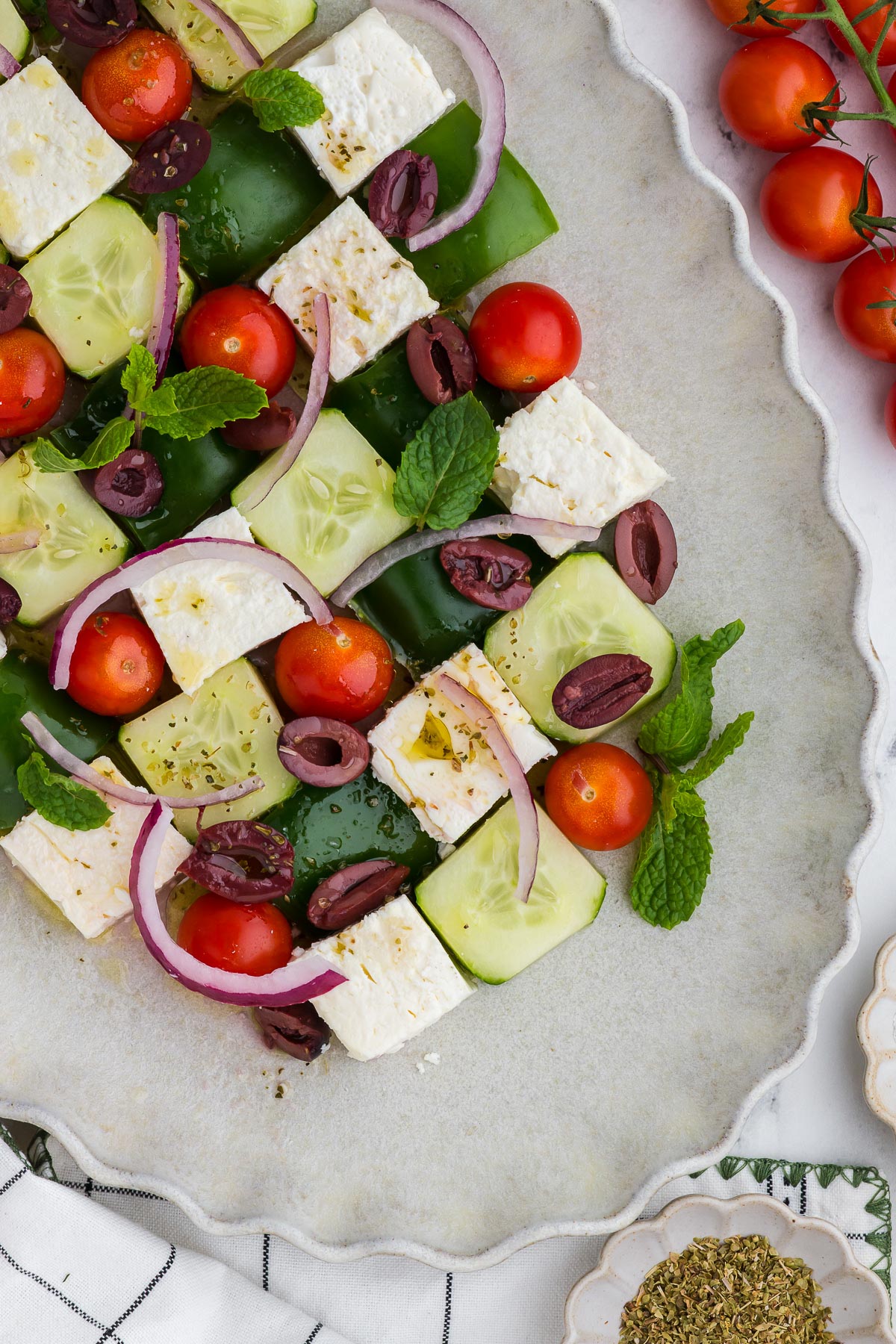 top view of Greek Mosaic Salad on a platter