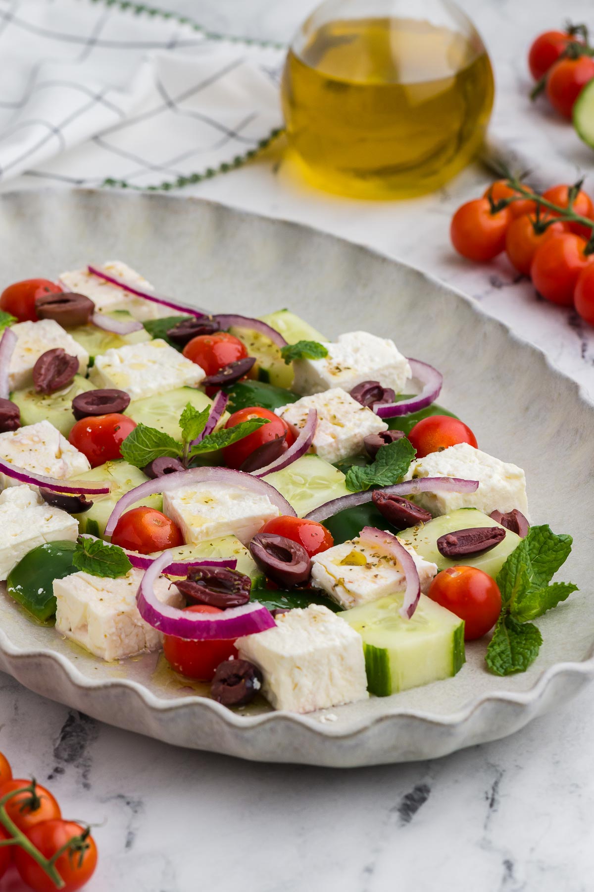 Greek Mosaic Salad on a white platter