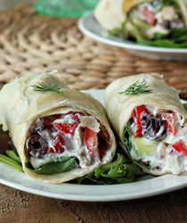 Creamy Greek salad sandwich wraps with optional chicken | Kitchen Treaty