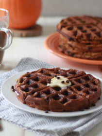 Chocolate Chip Pumpkin Waffles - Fluffy on the inside, crisp around the edges, and seriously kid-friendly.