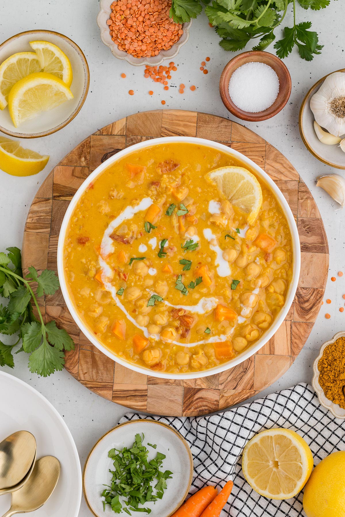 Instant Pot red lentil soup with coconut milk, lemon juice, and cilantro garnish