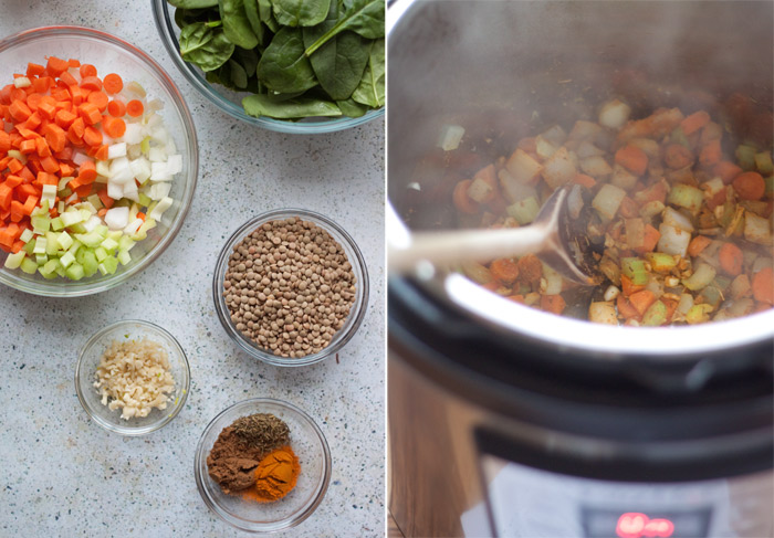 A side-by-side collage showing the ingredients for Instant Pot Lentil Soup and the mirepoix and spices being sautéed in the Instant Pot. 