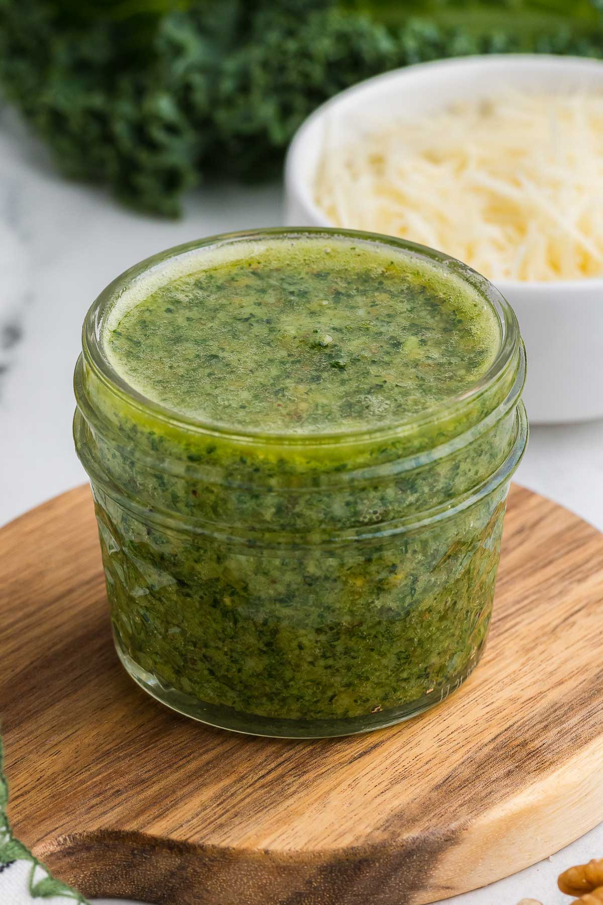 Kale and Walnut Pesto in a small mason jar