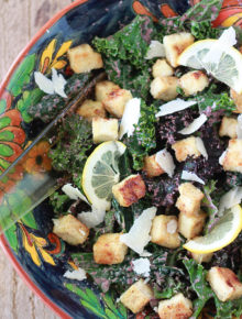 Kale Caesar Salad with Tofu Croutons & Kalamata Caesar Dressing | Kitchen Treaty