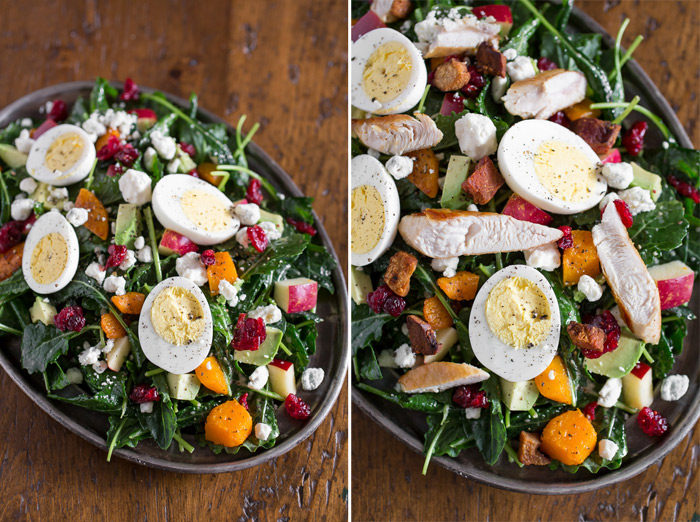 A side by side collage featuring two images of winter kale salad, one with chicken and the other a vegetarian version with no chicken. 