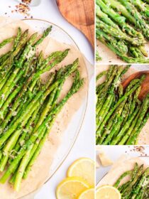 A collage image showing several angles of parmesan roasted asparagus.