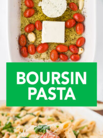 A baking dish with Boursin pasta sauce and completed Boursin pasta. The text reads, "Boursin Pasta"