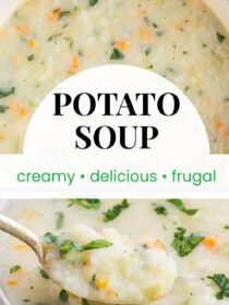 Two images of Potato Soup. The text reads, "Potato Soup, creamy, delicious, frugal"