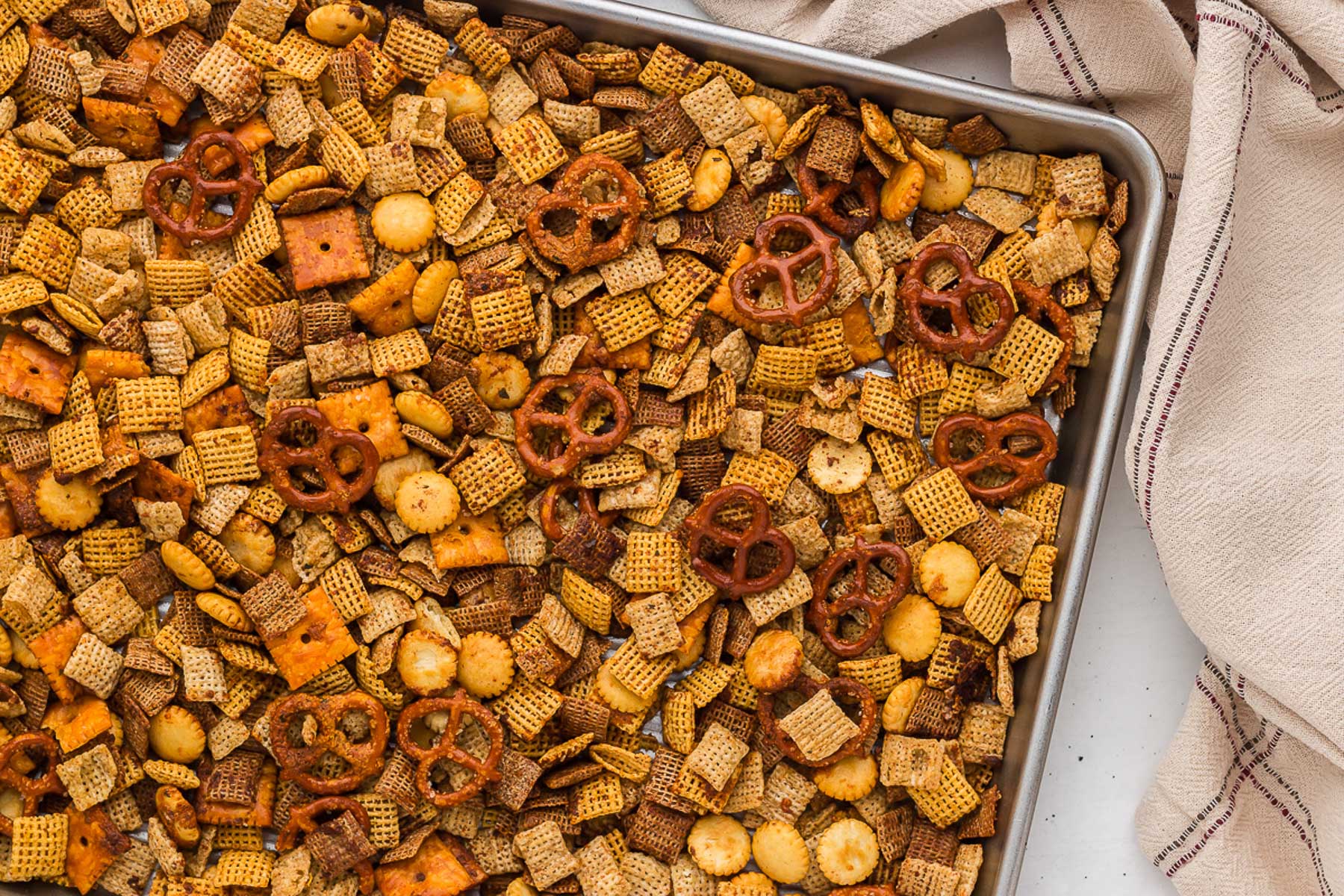 Ranch Chex Mix on a baking sheet