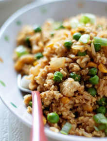 A close-up of tofu fried rice