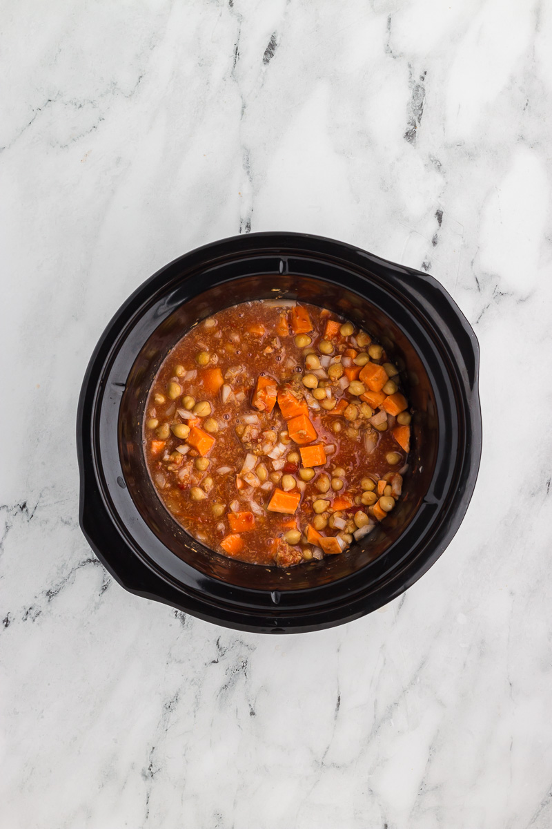Slow Cooker Sweet Potato, Chickpea, & Peanut Stew before the spinach is added.
