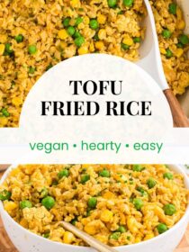 Two images of Tofu Fried Rice. The text reads, "Tofu Fried Rice, vegan, hearty, easy"