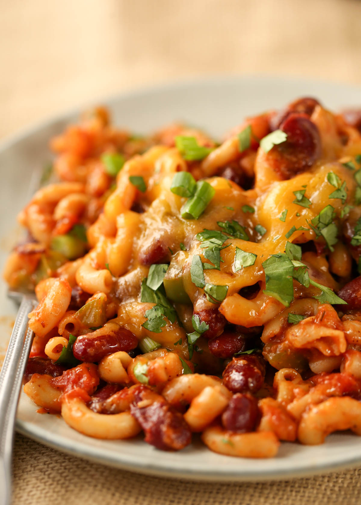 A large single serving of vegetarian chili mac.