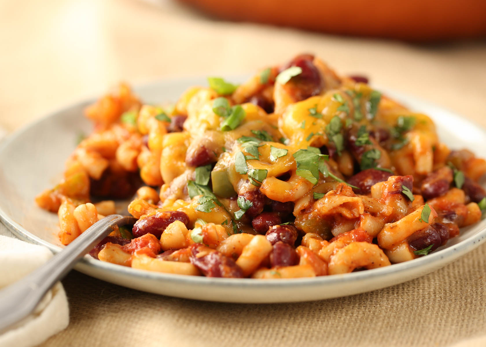 A large single serving of vegetarian chili mac.