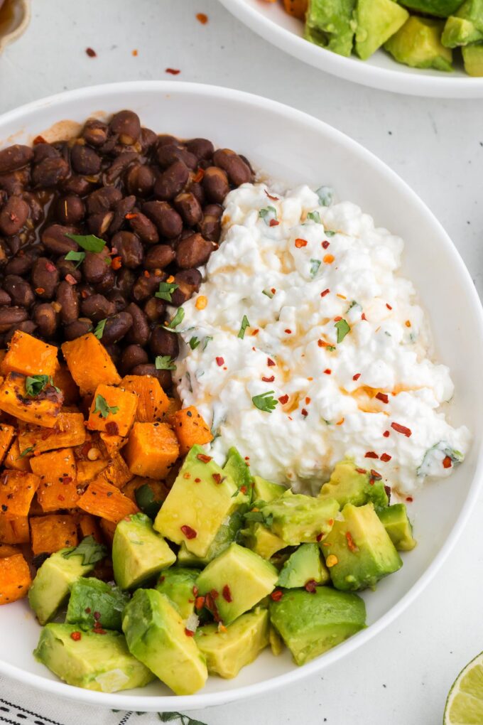 Top view of vegetarian savory cottage cheese bowl