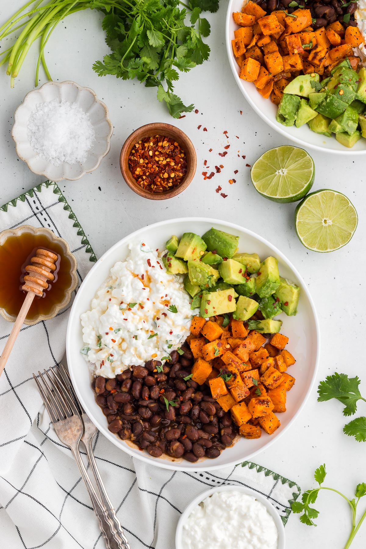 Top view of two vegetarian cottage cheese bowls with limes and cilantro in the background