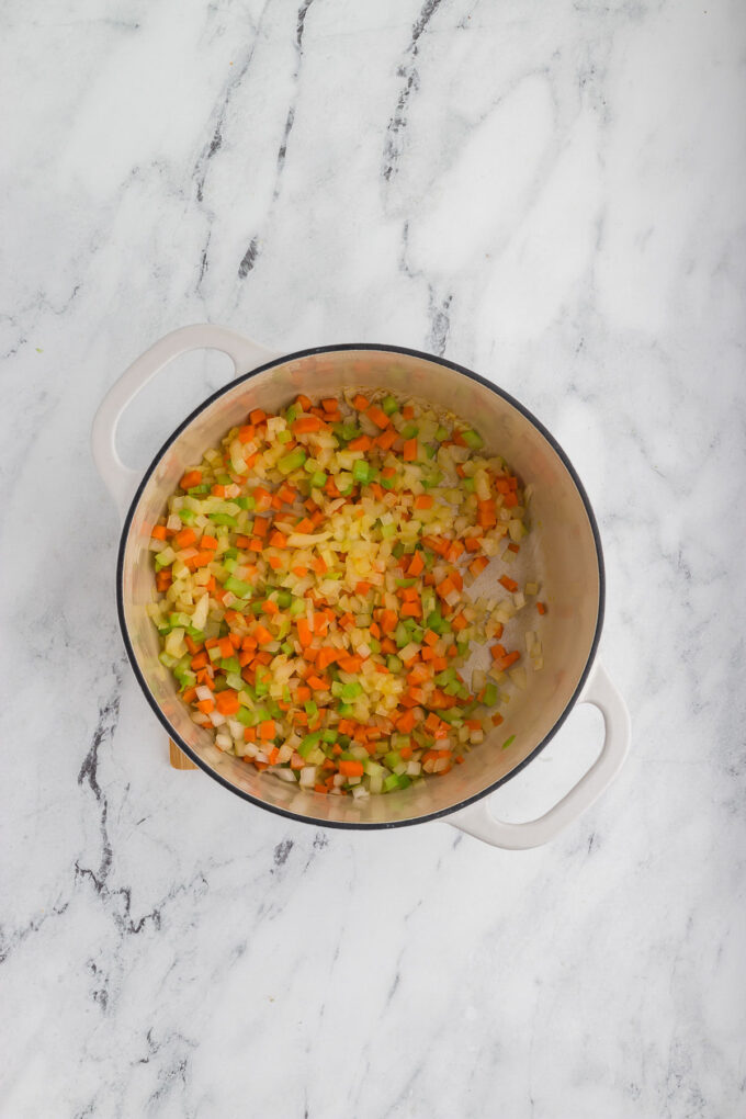 Sauteeing the veggies for Vegetarian Navy Bean Soup