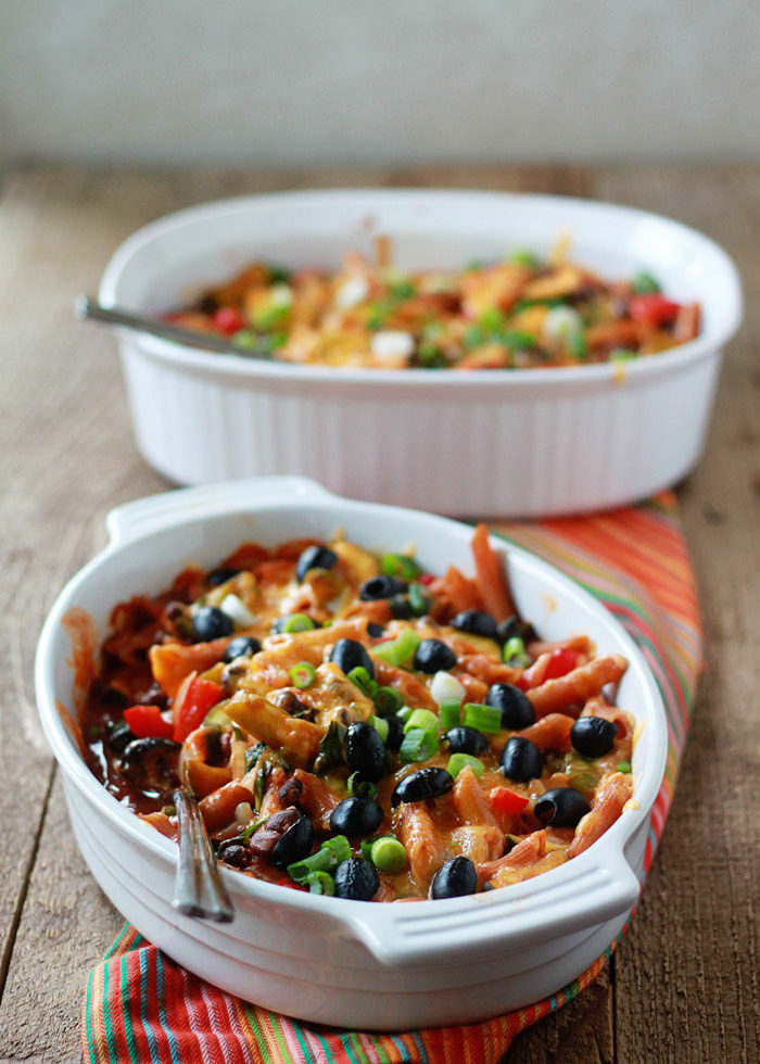 43 Recipes for Vegetarians and Meat-Eaters Eating Together - Veggie-Filled Enchilada Pasta Casserole (with optional ground beef)