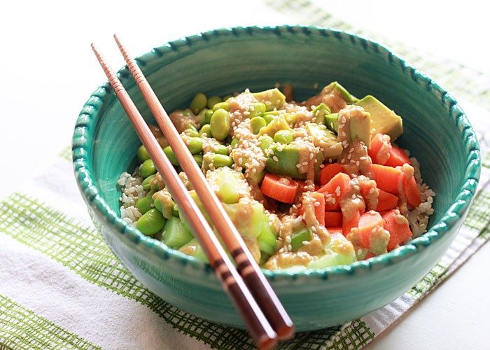 43 Recipes for Vegetarians and Meat-Eaters Eating Together - Veggie Roll Sushi Bowl with Sesame-Wasabi Dressing 