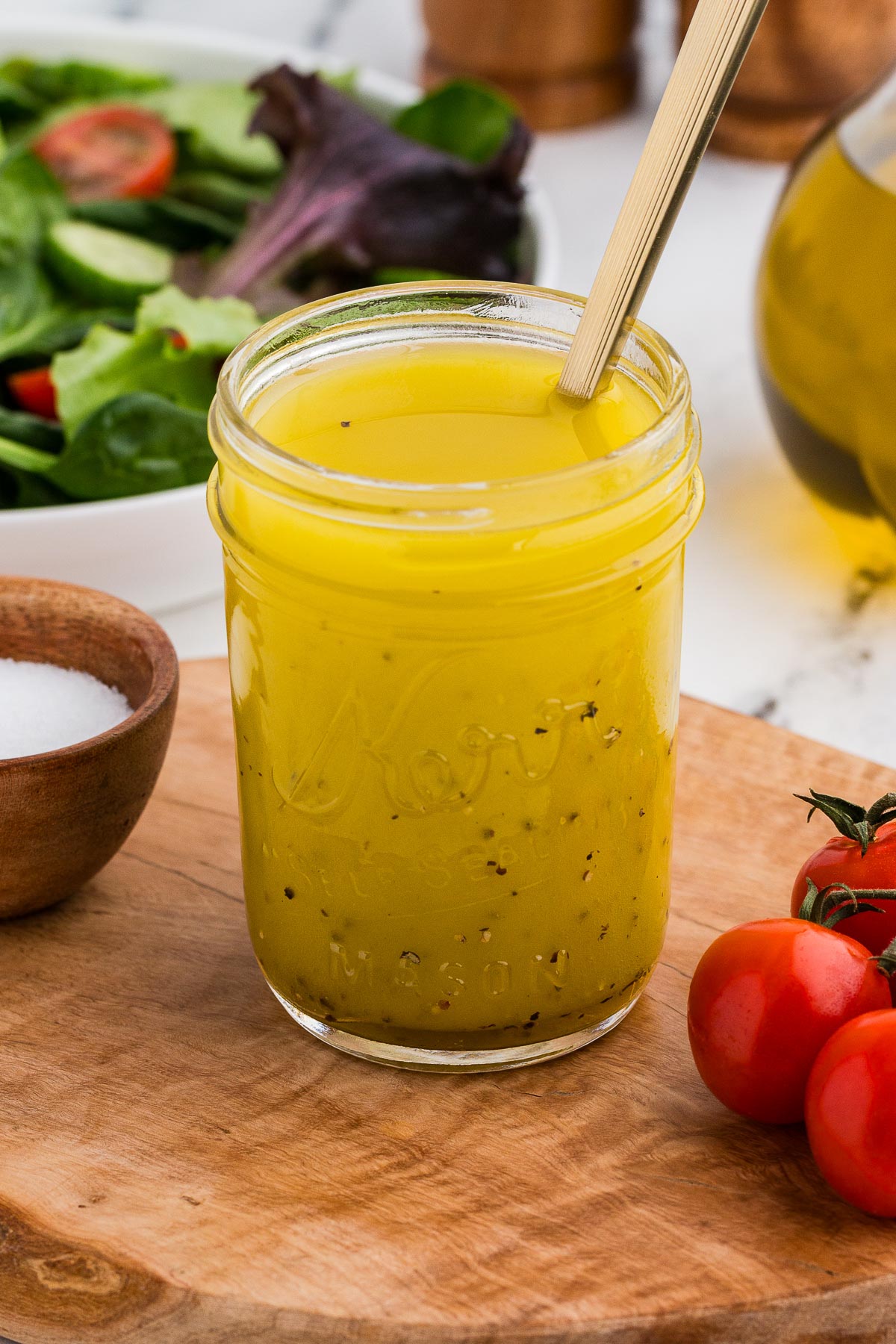 Homemade vinaigrette in a mason jar